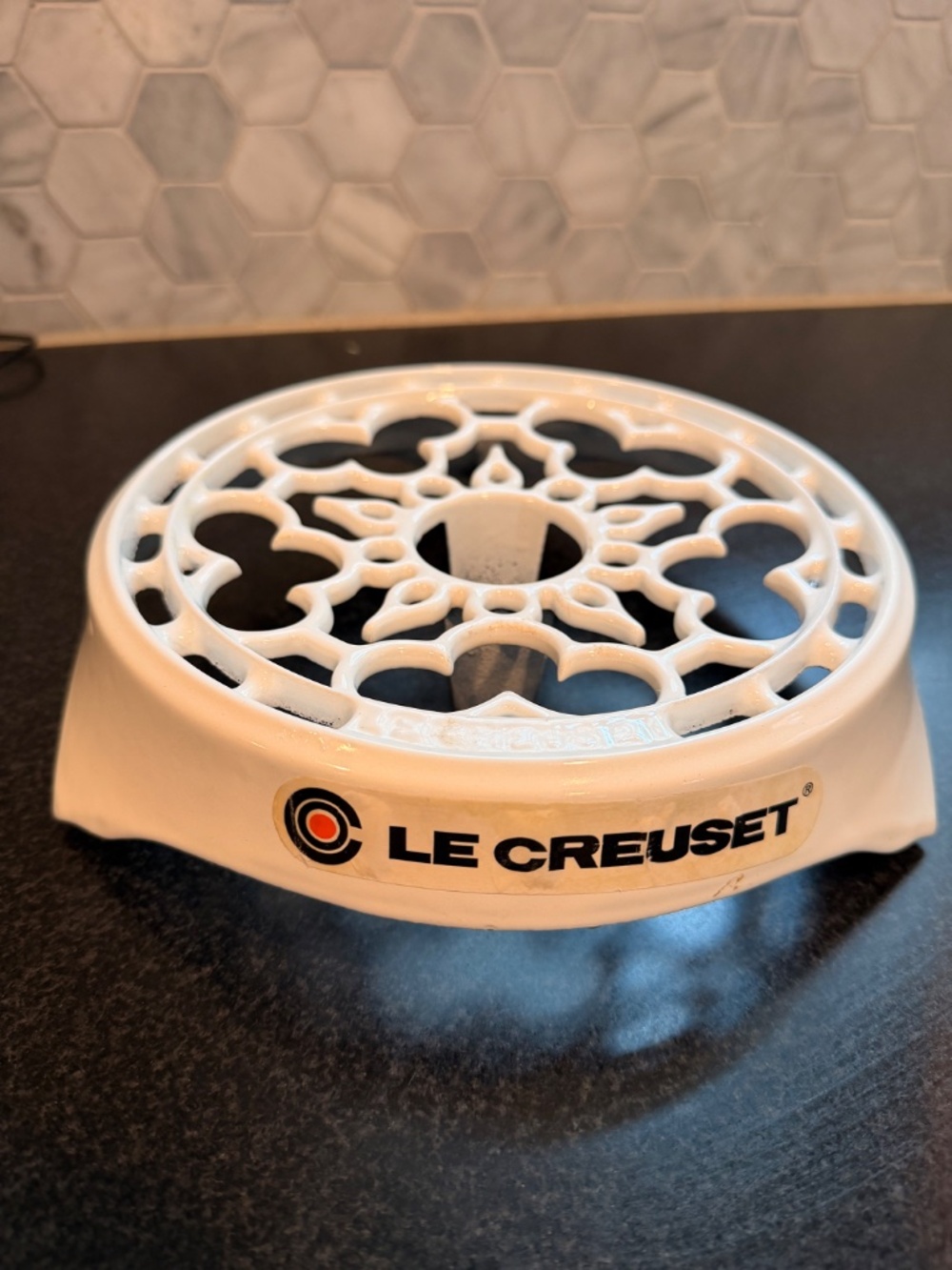Le Creuset White Cast Iron Trivet with Decorative Cutout Design